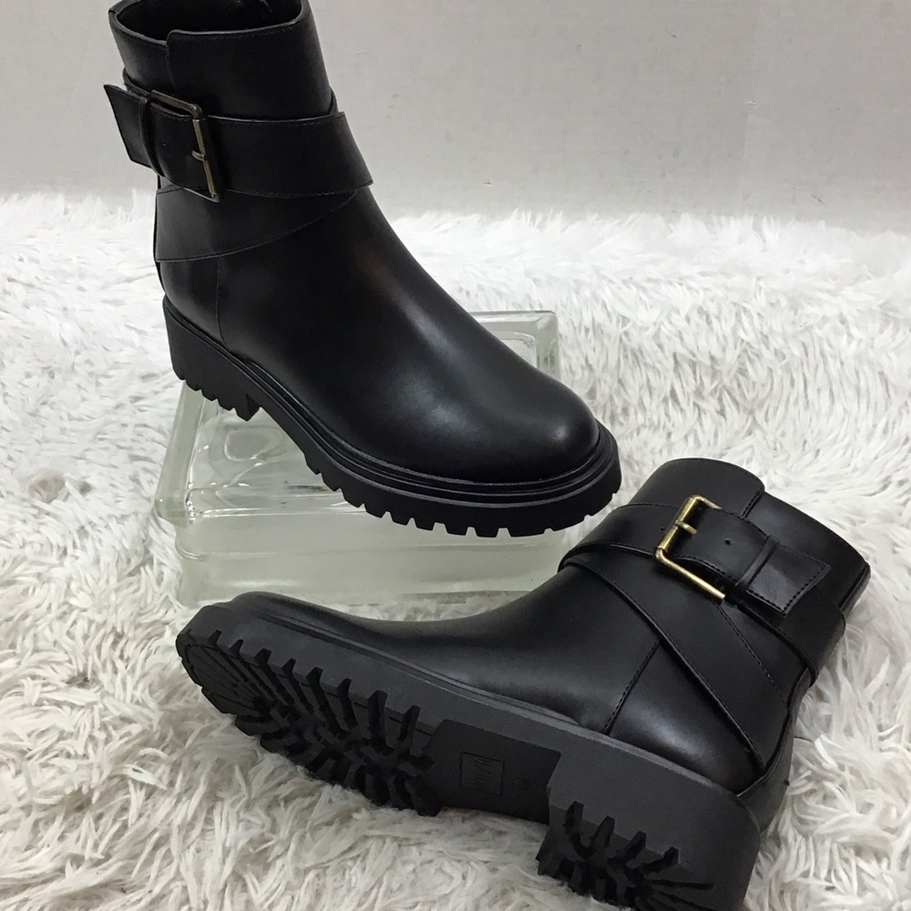 Unisa Black Unjezzo Ankle Boots Gold Buckle lug sole NWOT